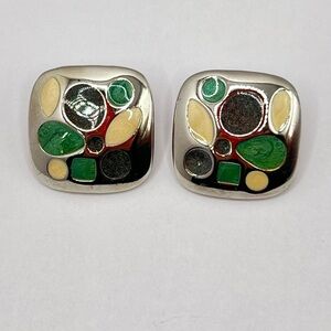 Modern Silver Earrings with Green and Cream Details